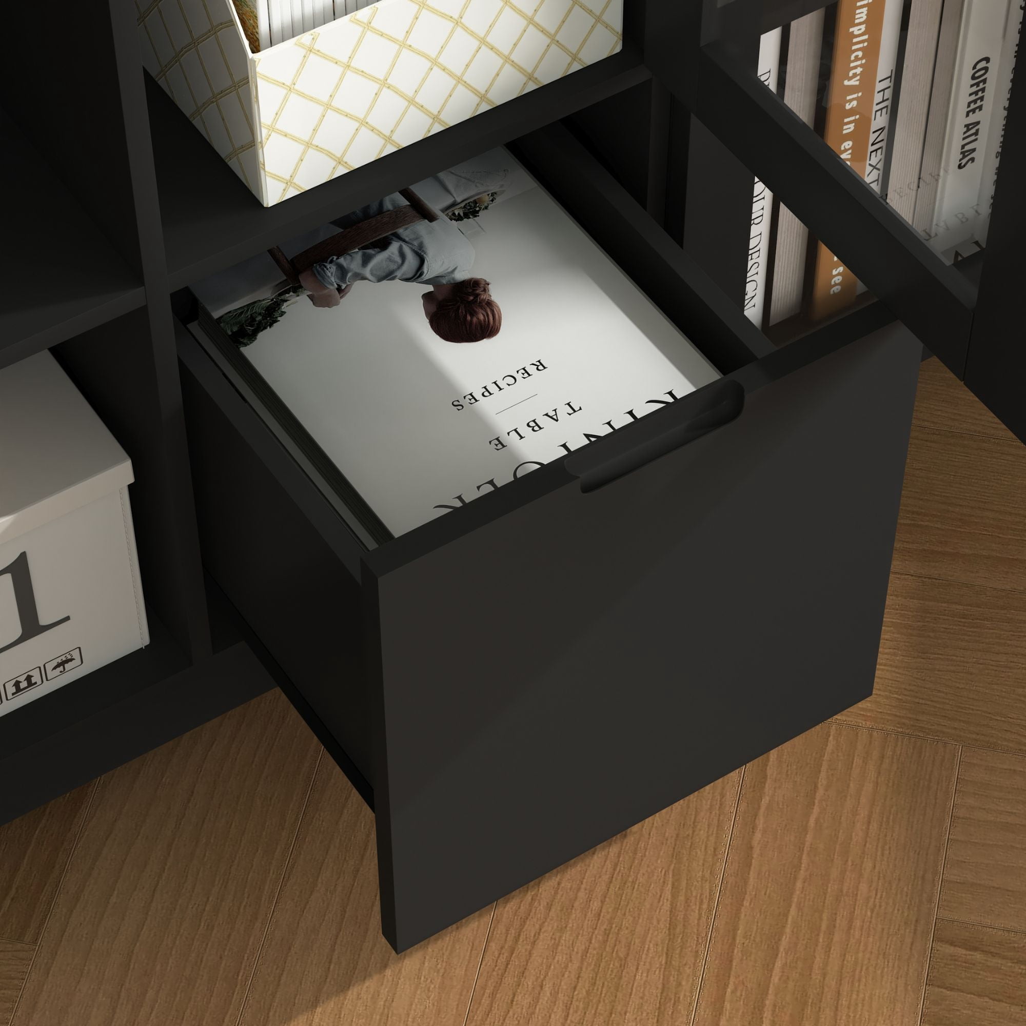 Noble House Storage Cabinet with Glass Doors and Drawer, Adjustable Shelves, Black