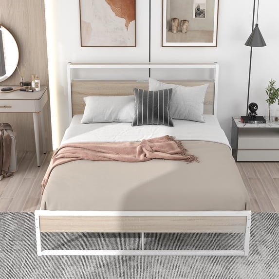 Zarler Queen Size Platform Bed Frame with Wooden Headboard and Footboard Heavy Duty Metal Platform Mattress Foundation White Frame