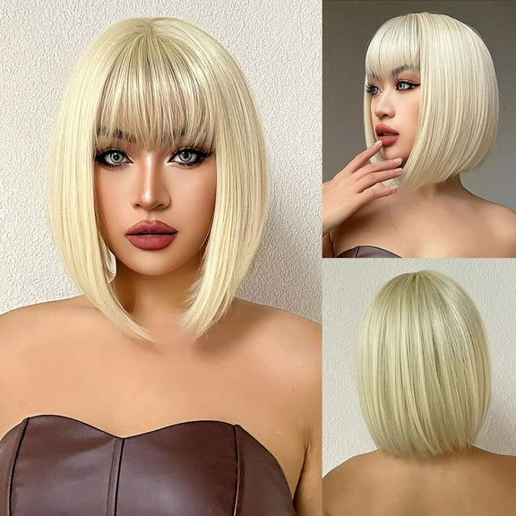 Creamily Blonde Bob Wig With Bangs for Women Synthetic Wigs Daily Party Halloween Costume Use(11Inch)