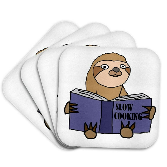 3drose, Funny Cute Sloth Reading Slow Cooking Book, Set of 4 Coasters - Soft