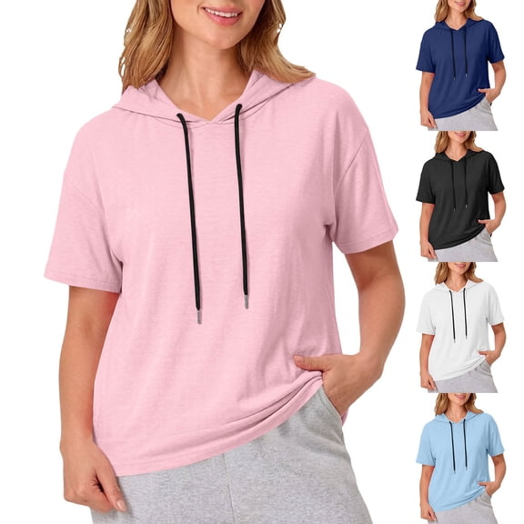 Women's Short Sleeve Tops Helii Loose Fit Hooded Short Sleeve Sweatshirt Casual Pullover Top with Front Pocket Solid Color Breathable Soft T Shirts Athletic Streetwear | Pink,L