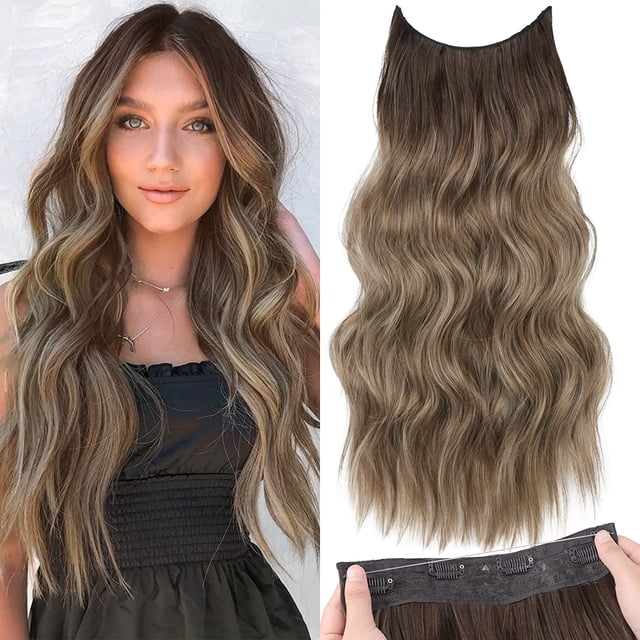 Extensiones de Cabello de Alambre Invisible con Diadema Transparente Tamaño Ajustable 4 Clips Seguros Peluquín de Alambre Secreto Largo Ondulado de 16 Pulgadas Rubio Ceniza Sucio Ombré para Mujeres