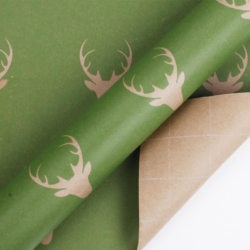 REINDEER STENCIL KRAFT WRAPPING PAPER ROLL NATURAL/RED/GREEN - 30' X 10'