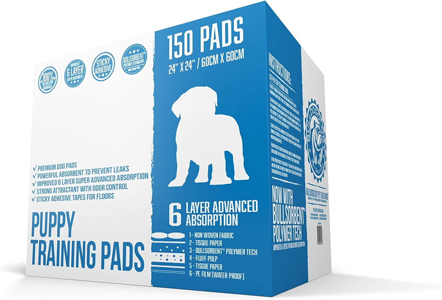 Bulldogology Puppy Pee Pads with Adhesive Sticky Tape (24x24) Large Premium Dog Pads - 6 Layer Dog Training Pads and Pet Wee Pads with Quick-Dry Bullsorbent Tech (450-Count)