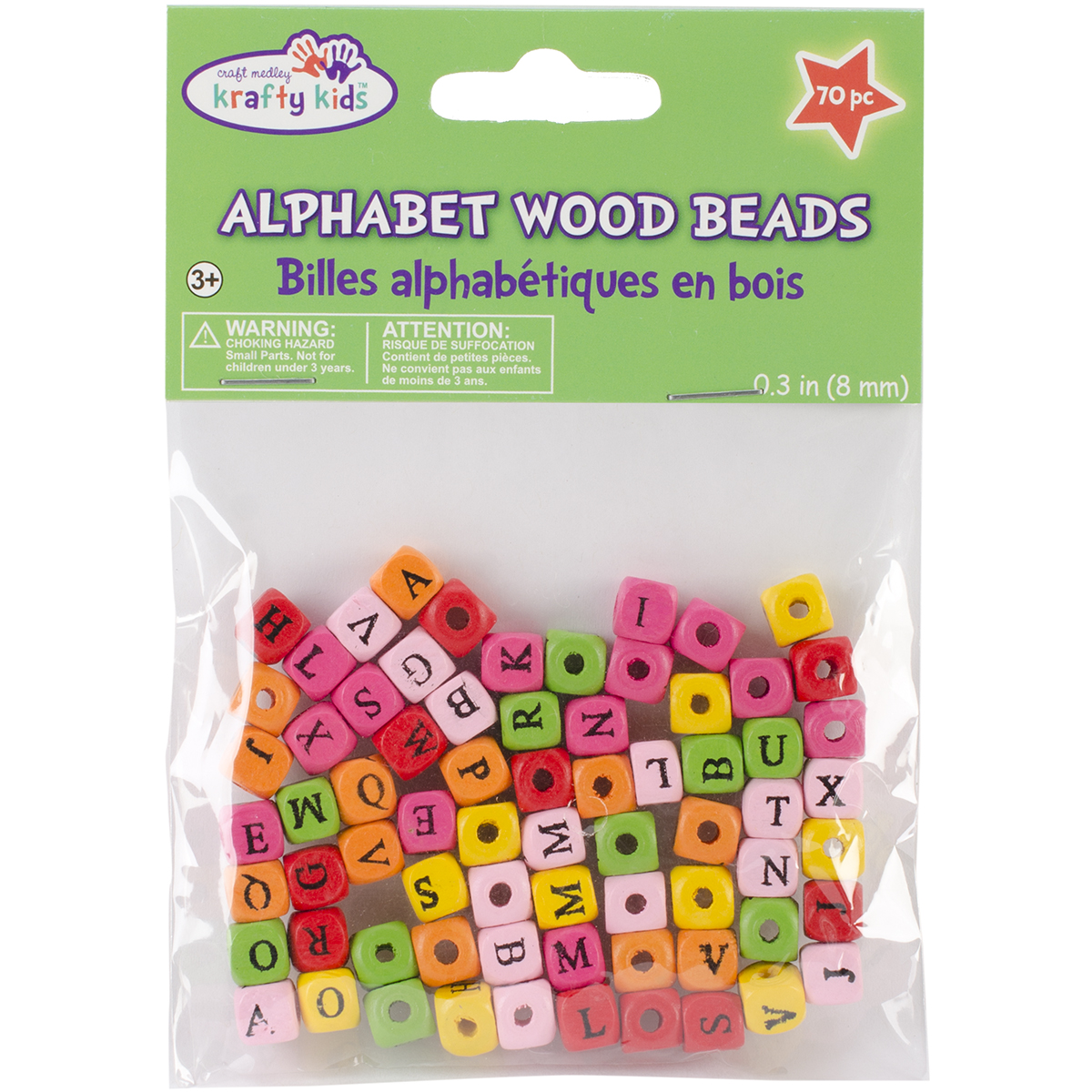 Wood Alphabet Beads 8mm 70/PkgAssorted Colors
