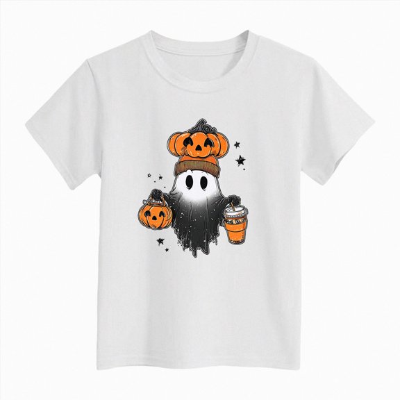 larppty Halloween Outfit Toddler Boy Girl Pumpkin Ghost T-Shirt Kids Ghost Graphic Shirt Spooky Season Pullover Fall Tops (White,4-5 Years)