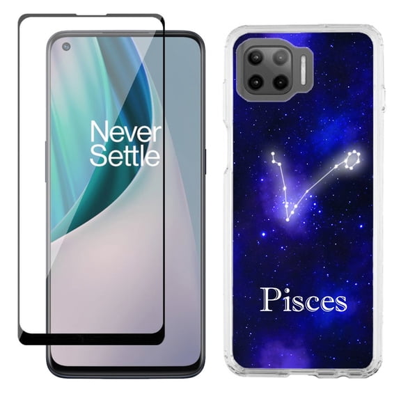 Slim-Fit Protective Phone Case compatible with Motorola Moto One 5G UW, with Tempered Glass Screen Protector, by OneToughShield ® - Zodiac / Pisces