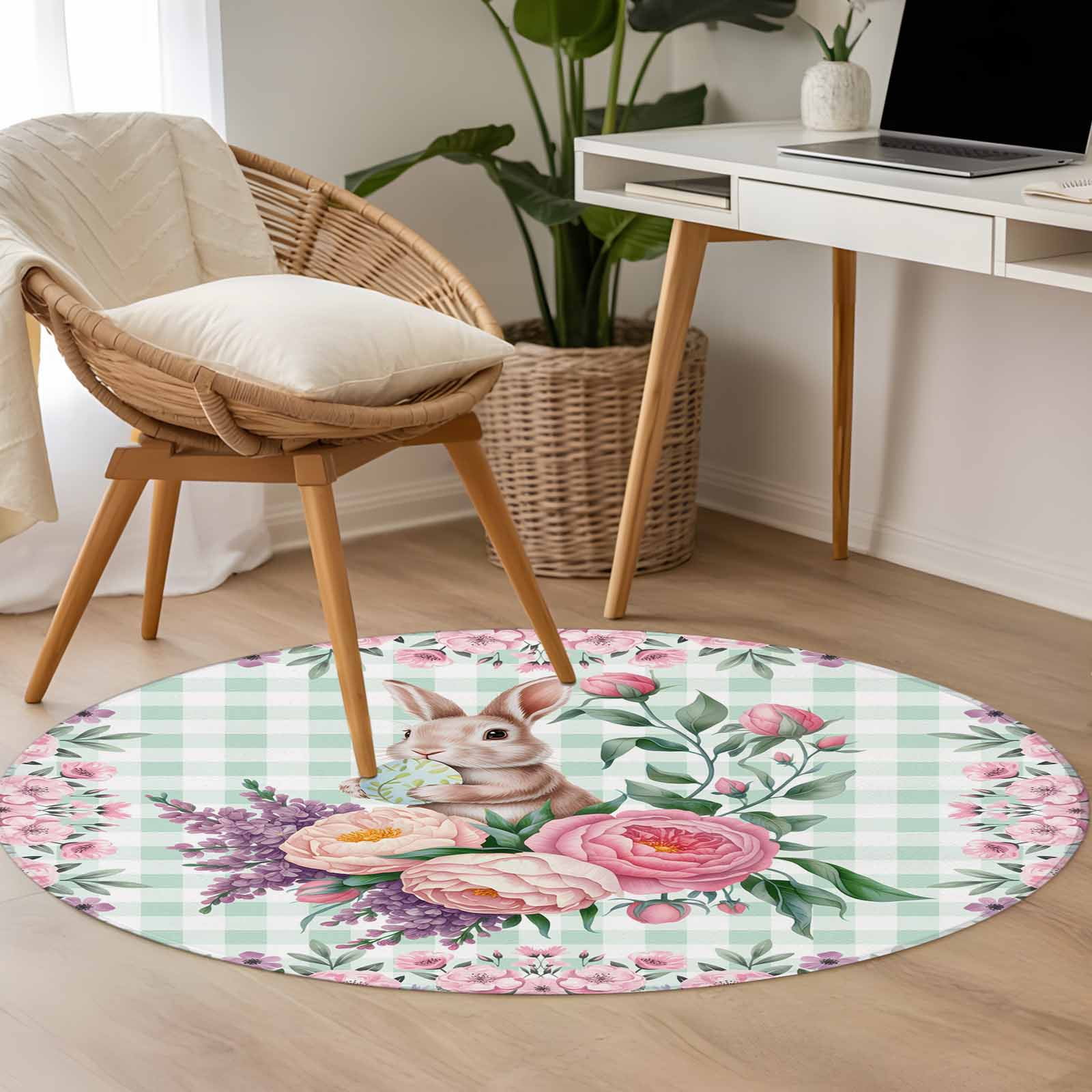 Easter Bunny Roses Round Area Rug 4Ft Washable Circle Rugs for Bedroom Dining Room, Pink Floral Spring Green Buffalo Plaid Non-Slip Carpet Floor Mats Indoor Outdoor Carpet Runner Aesthetic Home Decor
