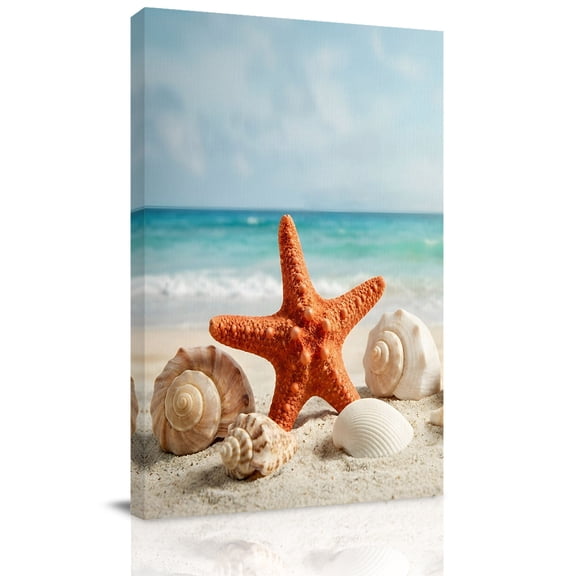 Summer Beach Canvas Wall Art for Living Room, Vacation Sand Starfish Seashell Blue Sky Sea Wave Poster Print Painting for Bedroom Office Home Decoration Wall Pictures Prepare To Hang 8"x10"