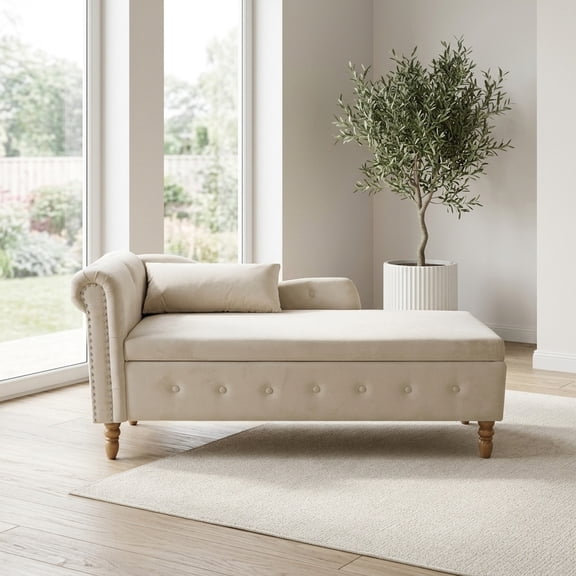 Beige Velvet Chaise Lounge Chair with Storage and Pillow - Classic Rolled Arm Design