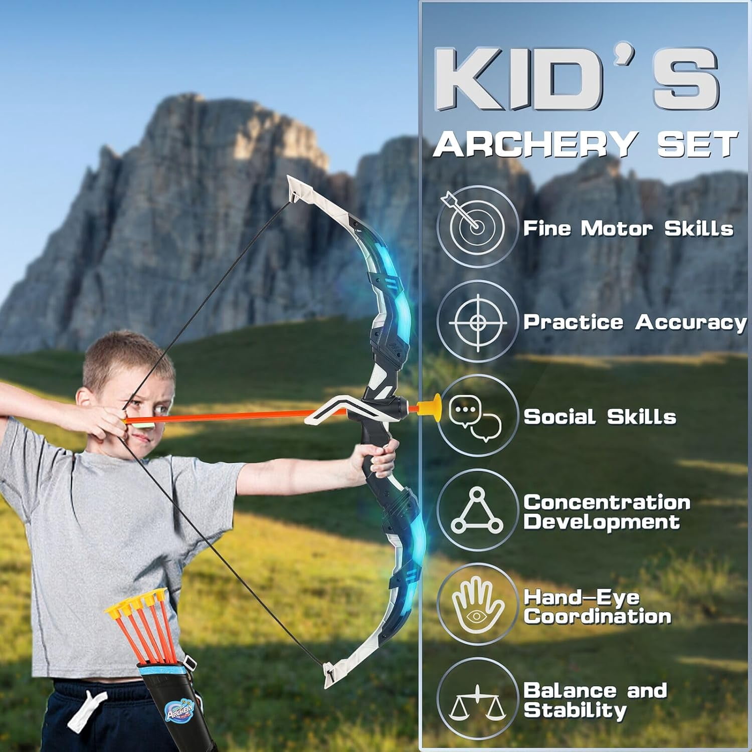 Archery Toy Set Boy Toys: Bow and Arrow Set with Standing Target & Quiver, LED Light Up Archery Set with 10 Suction Cup Arrows, Outdoor Activities Toys Essentials Birthday Gifts for Kids Aged 3-12