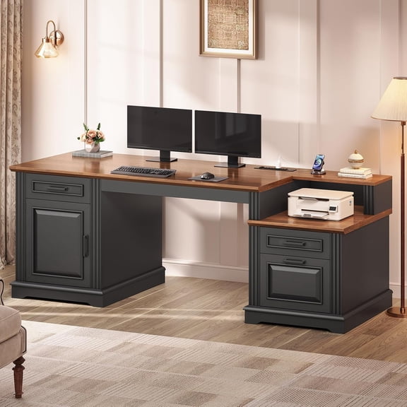 SEDETA 62" Farmhouse Executive Desk with File Drawers & Storage Cabinet, Computer Desk with Built-in Power Outlet, Large Work Study Writing Desk for Home Office, Black Walnut