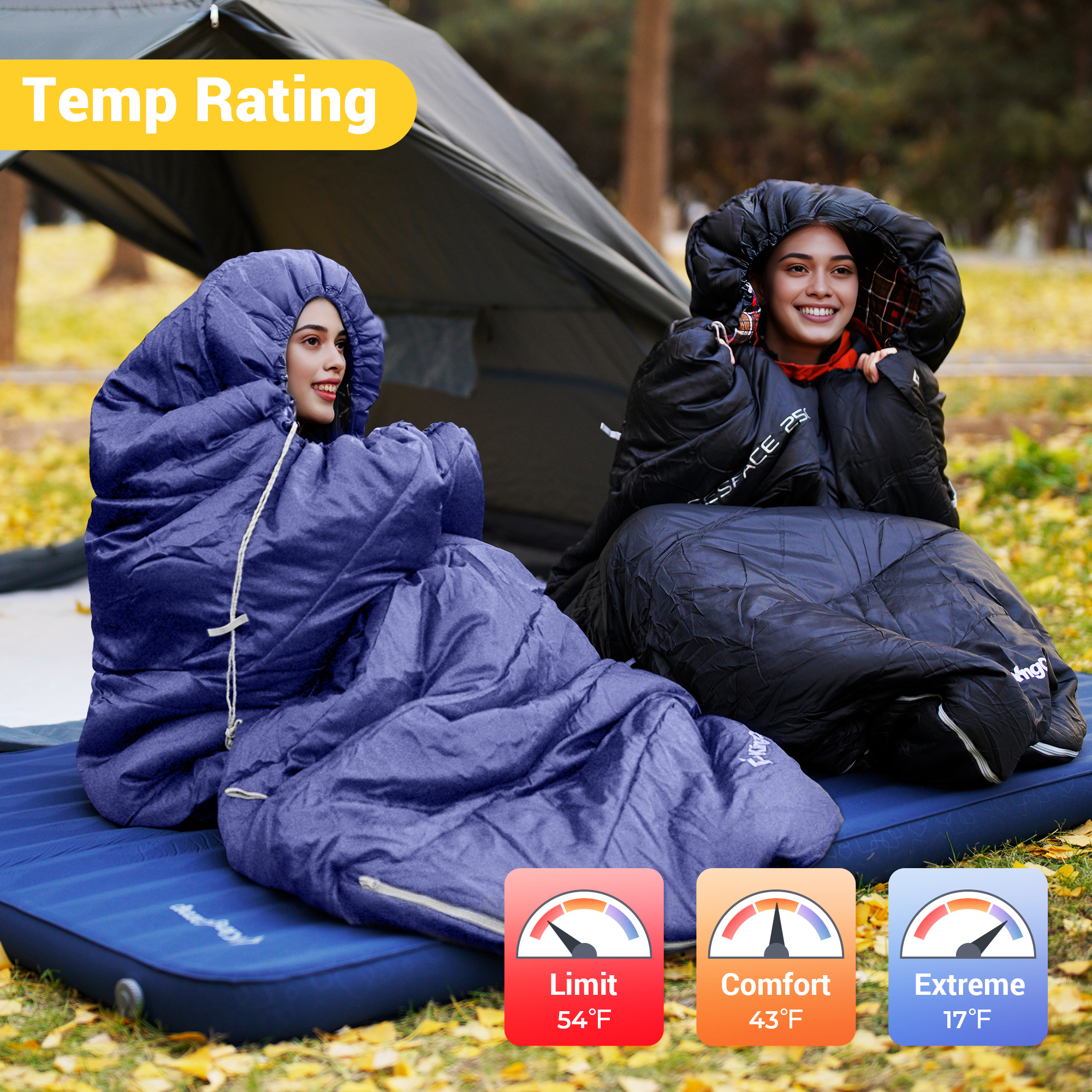 KingCamp XL Cotton Flannel Sleeping Bags, Oversized Weatherproof 3-Season Sleep bag with hood for Camping & Hiking & Backpacking, 17.6℉-54℉ (Navy)