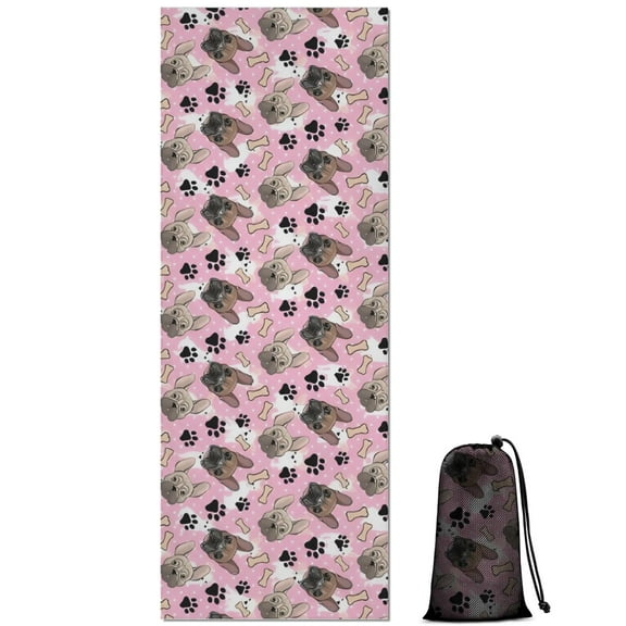 French Bulldog Cute Bone Paw Print Hot Yoga Mat Towel Non Slip for Hot Yoga - Quick-Drying Yoga Mat Cover with 4 Corner Pockets with Travel Bag - Hot Yoga Towel Non Slip 70"x26"