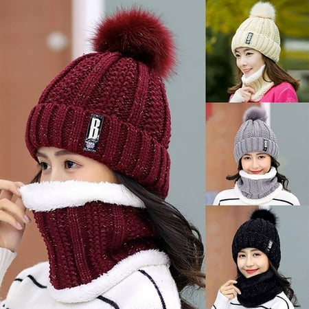 2Pcs Scarf Hat Set Women Winter Warm Pompoms Knitted Soft Caps And (Best Way To Display Scarves)