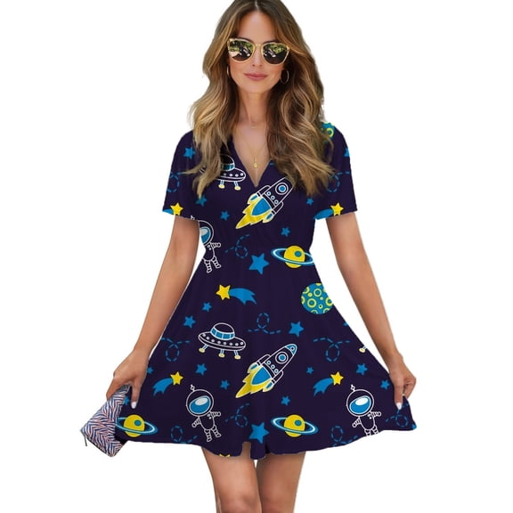 Outer Space Women Dress V-Neck Short Sleeve Flowy Swing Party Midi Dress