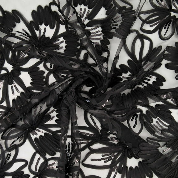 Zelouf Ellis Chiffon Ribbon On Mesh With Sequins , Sewing, DIY, Crafts Fabric by the Yard, Black, 3 Yard
