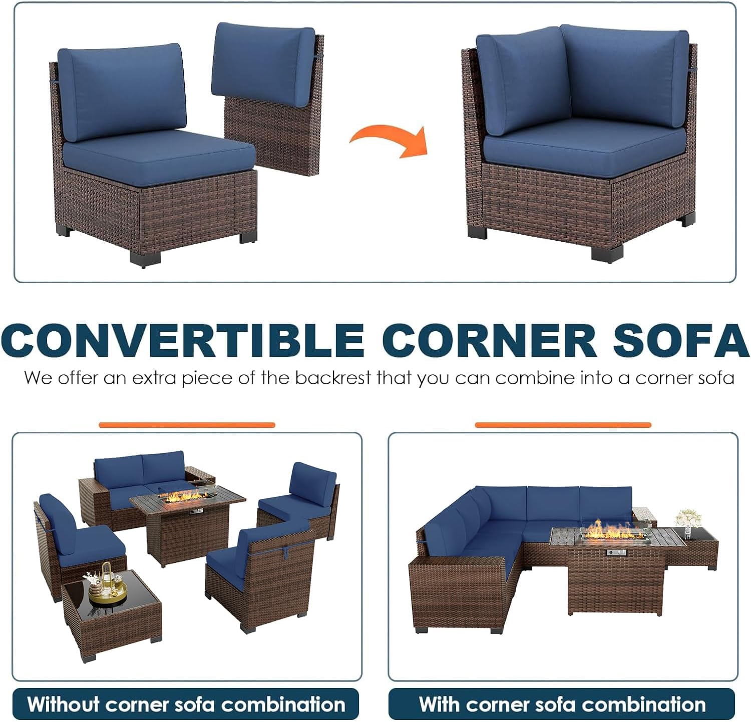 ELPOSUN Outdoor Sectional Furniture Set with Fire Pit Table, 7-Piece Brown Rattan Wicker Conversation Sofa Set for Porch Garden Backyard Balcony,Blue