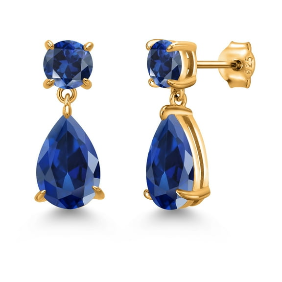 Gem Stone King 18K Yellow Gold Plated Silver Blue Created Sapphire Earrings for Women | 9.14 Cttw | Gemstone September Birthstone | Pear Shape 12X8MM