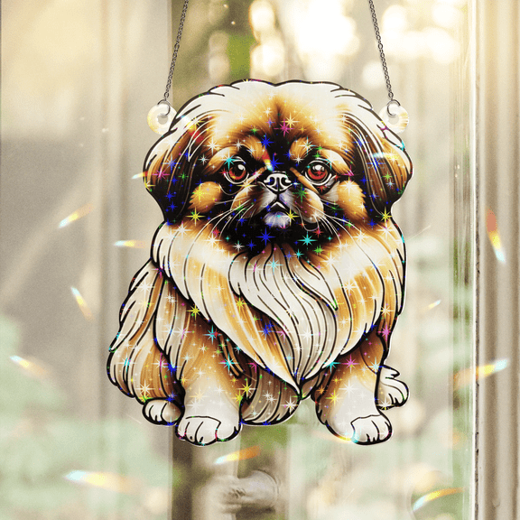 89Bloom Pekingese Stained Glass Hologram Ornament, Dog Stained Glass Suncatcher Ornaments Home Decor, Dog Holographic Ornaments