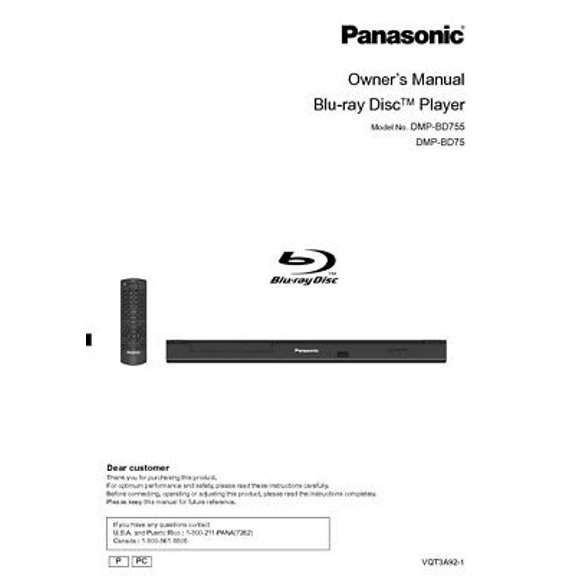 Instruction Manual ONLY for Panasonic DMP-BD755 Blu-ray Player Owners Instruction Manual REPRINT