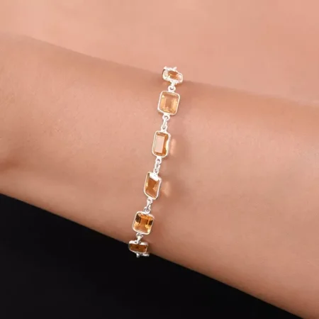 7 Ct Emerald-Cut Simulated Citrine Women's Tennis Bracelet 14K White Gold-Plated Sterling Silver