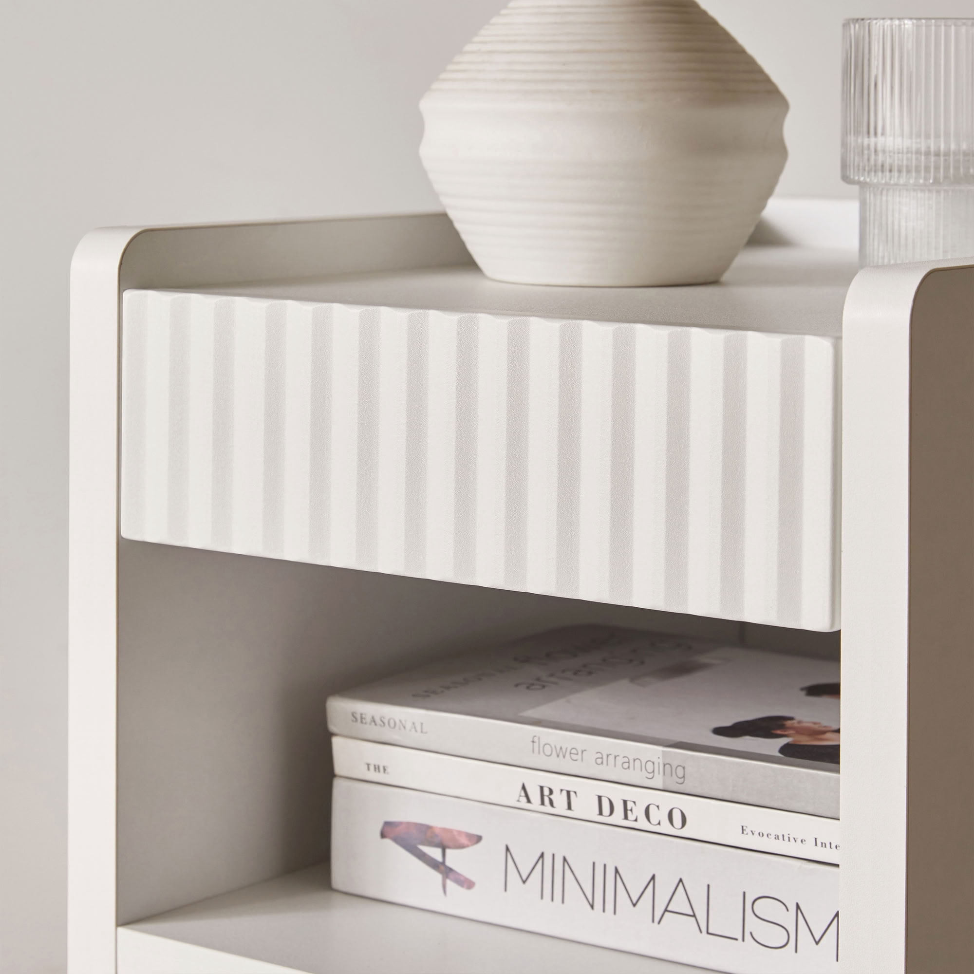 MAYEERTY Fluted Compact Nightstand Set of 2, Modern Wood Bedside End Table with 2 Drawers & Open Storage Cubby, for Bedroom Living Room Small Apartment Dorm