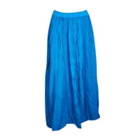 Mogul Women Long Skirt Blue Embroidered Bohemian Maxi Skirts, Flared Gypsy A-line Summer Flare Skirts S/M