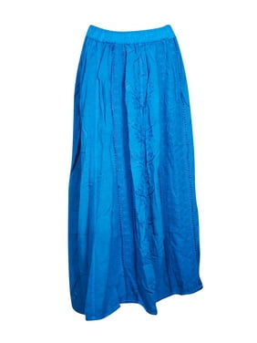 Mogul Women Long Skirt Blue Embroidered Bohemian Maxi Skirts, Flared Gypsy A-line Summer Flare Skirts S/M