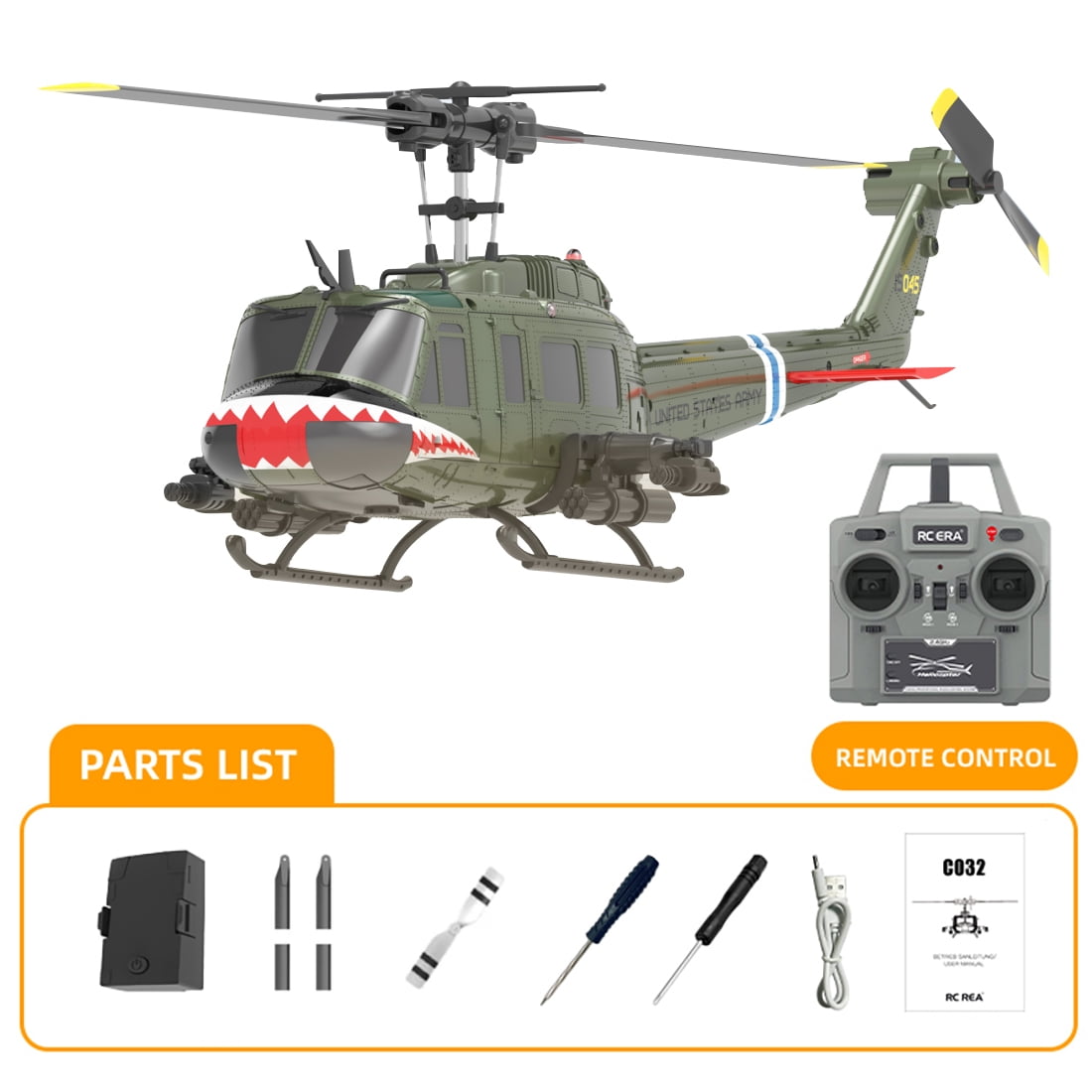RC ERA C032 UH-1 Huey 1/48 Scale RC Helicopter for Adults, 6CH 2.4G Gyro Stabilized Aircraft with Fly Upside Down 3D Rolling & Altitude Brushless Motor -RTF/2 Battery