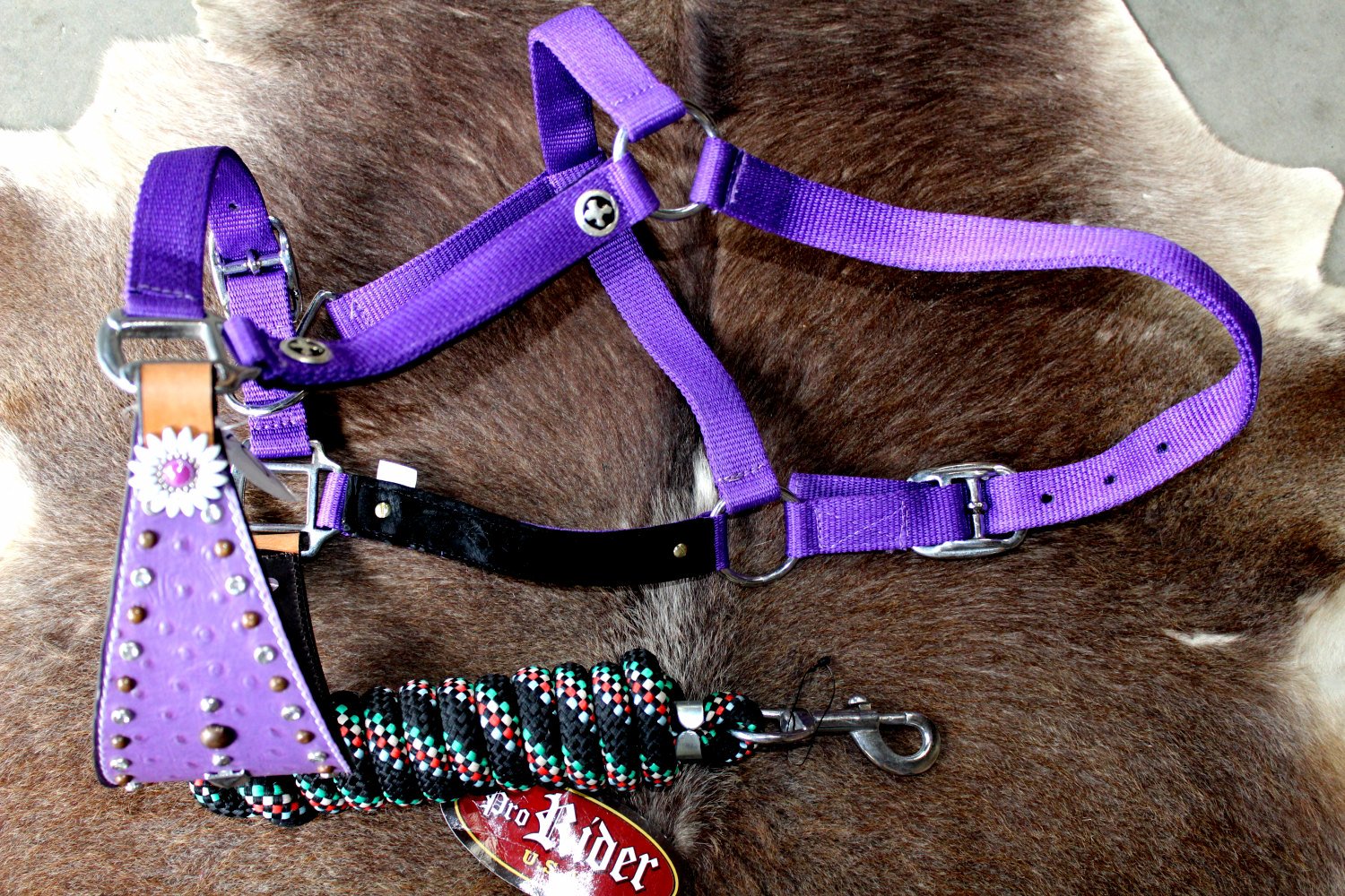 Noseband Tack Bronc Leather HALTER Tiedown Lead Rope 280P