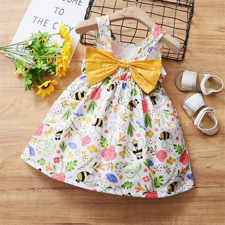 

Hunpta Kids Girls Toddler Beach Bee Floral Prints Sleeveless Bowknot Infant Princess Girls Dress Cloths