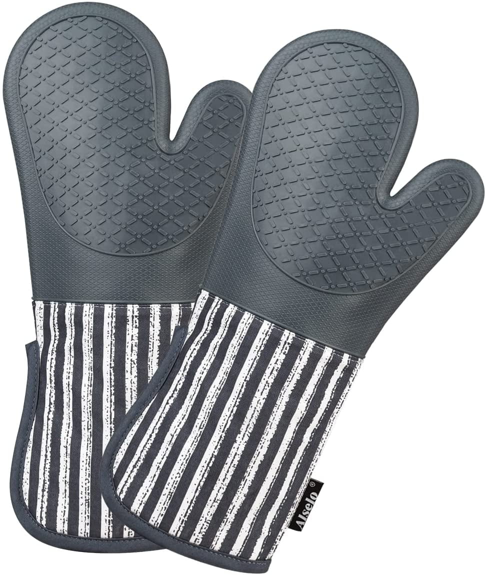 Washable Terry 100% Cotton Grey Oven Mitts Heat Resistant Gloves For Cooking 
