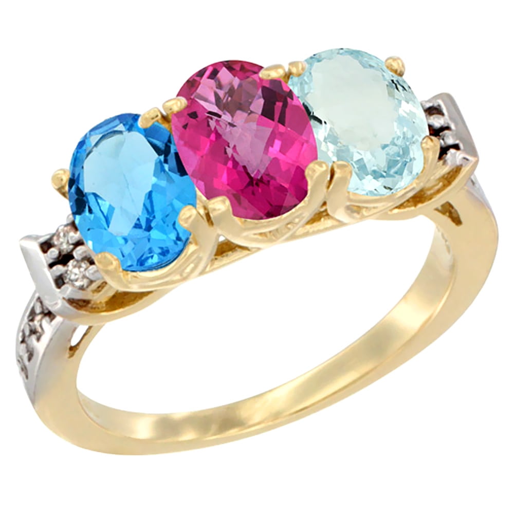 14K Yellow Gold Natural Swiss Blue Topaz, Pink Topaz & Aquamarine Ring 3-Stone 7x5 mm Oval Diamond Accent, sizes 5 10 by WorldJewels