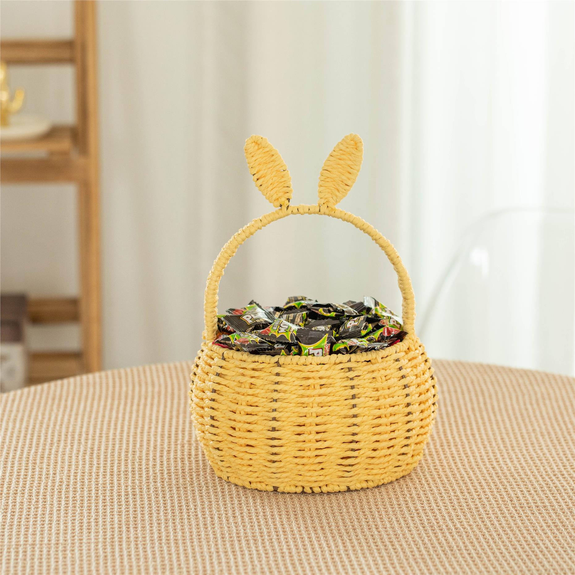 Wickerwise Hand-Woven Easter Bunny Ear Basket with Handle – Multi-Purpose Paper Rope Wicker Basket for Easter Egg Hunts, Picnics, Flower Arrangements, Food Storage, Party, and Home Decor, Yellow