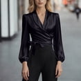 thumbnail image 5 of Silk Blouse for Women Elegant Wrap Satin Shirt Sexy Criss Cross Neck Long Sleeve Tie Waist Office Cocktail Formal Top Black M, 5 of 5