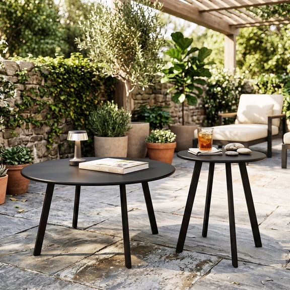 2-Piece Round Nesting Coffee Table Set, Modern Black Metal Side & End Tables, Space-Saving Accent Table Set for Living Room Bedroom Balcony Patio Indoor Outdoor Use
