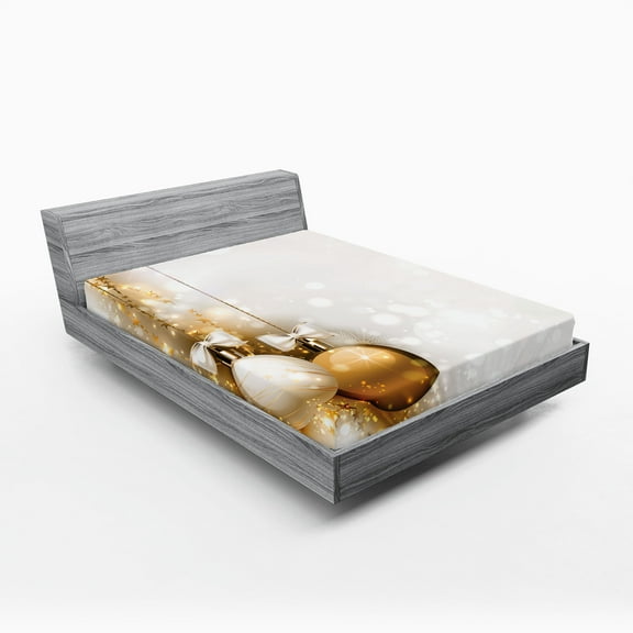 Ambesonne Christmas Fitted Sheet 2 Pcs Set, New Years Ribbon, California King, White and Beige