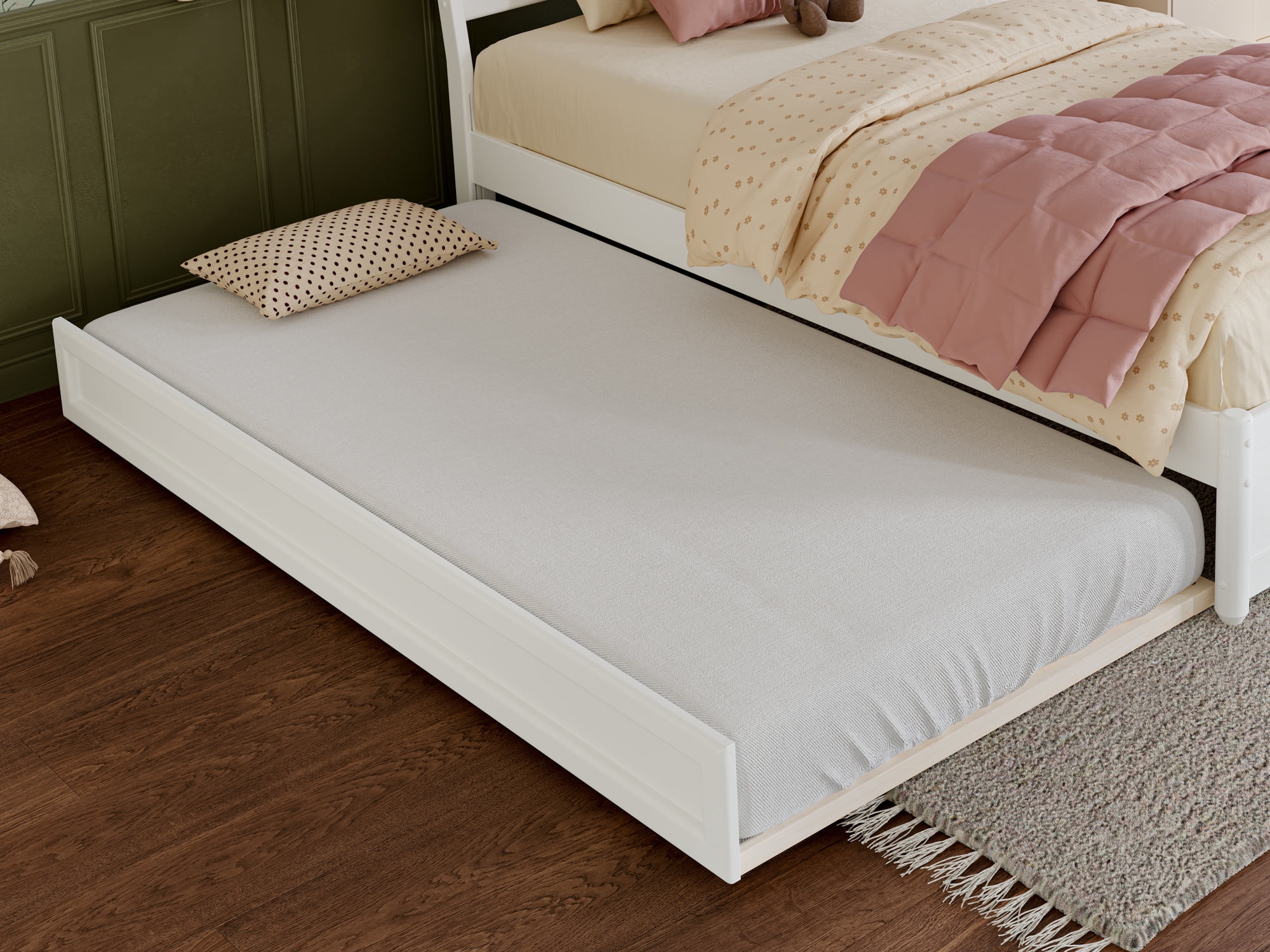 AFI Casanova Twin Solid Wood Platform Bed with Panel Footboard and Twin Trundle, White