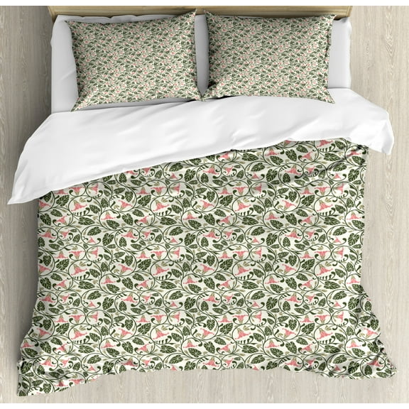 Garden Art Duvet Cover Set Queen Size, Retro Scroll Style Pattern with Pink Bindweed Blossoms and Dark Green Leaves, Decorative 3 Piece Bedding Set with 2 Pillow Shams, Multicolor, by Ambesonne