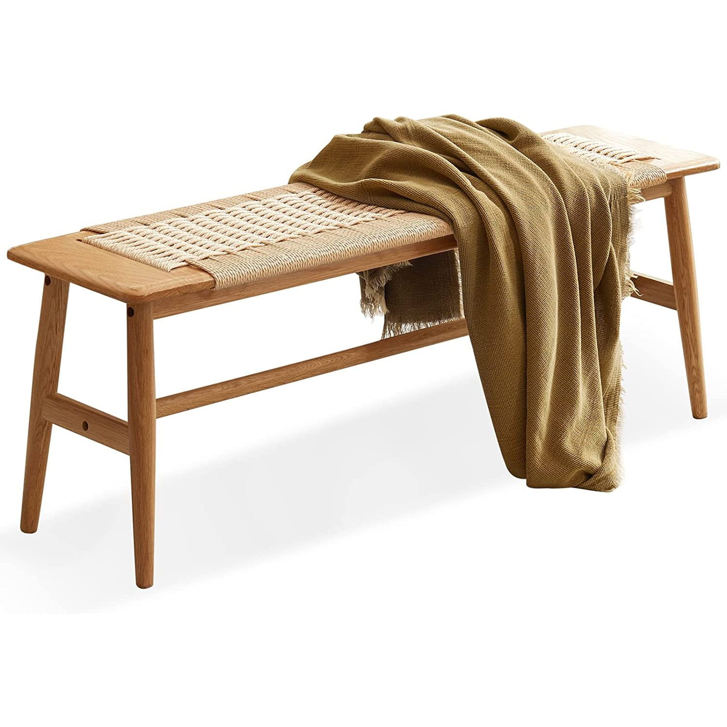 32" Rattan Bench, 100 Solid Oak Wood Bench, Hand Woven Design for