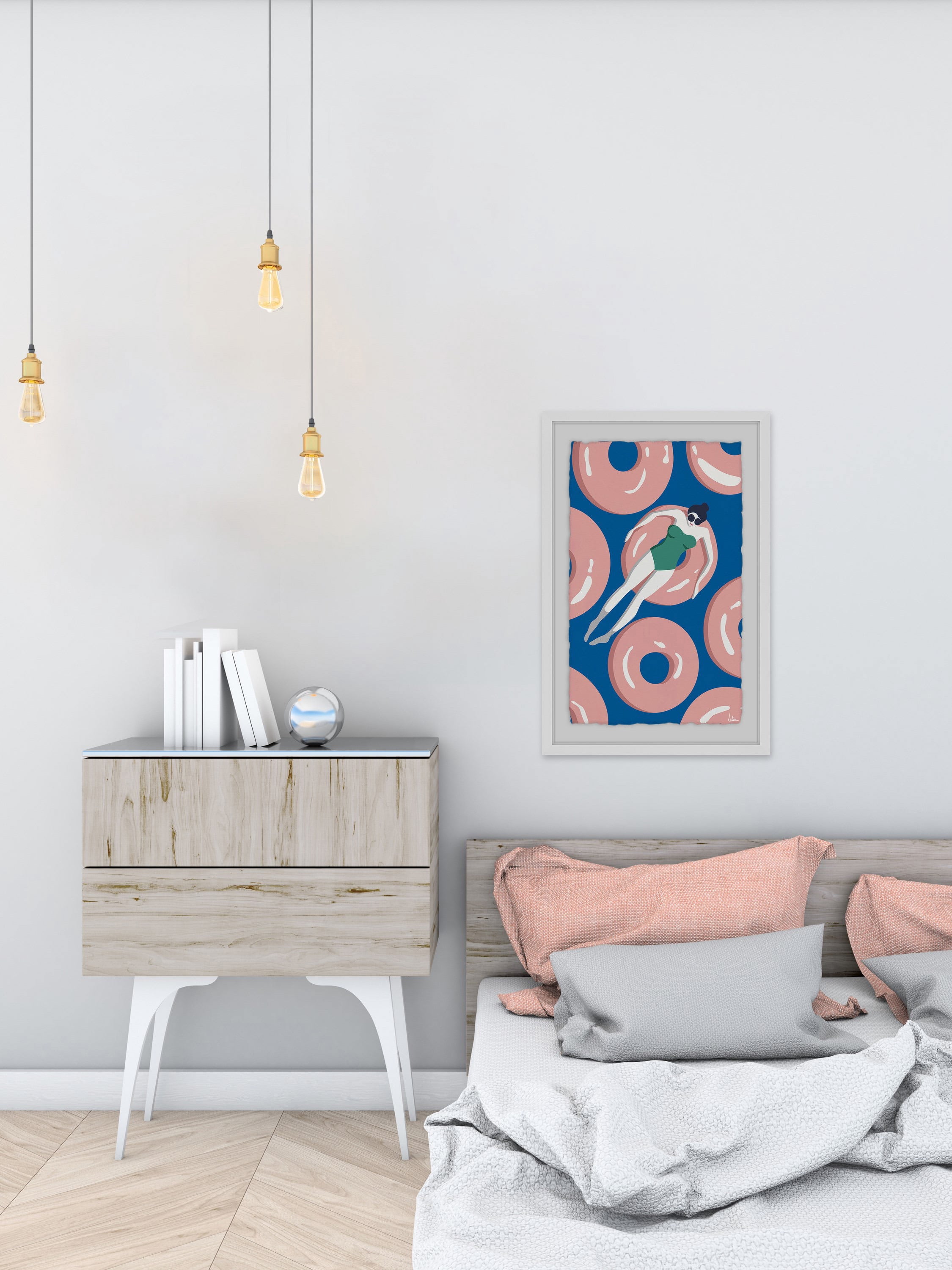 Floating Pink Donuts Framed Painting Print