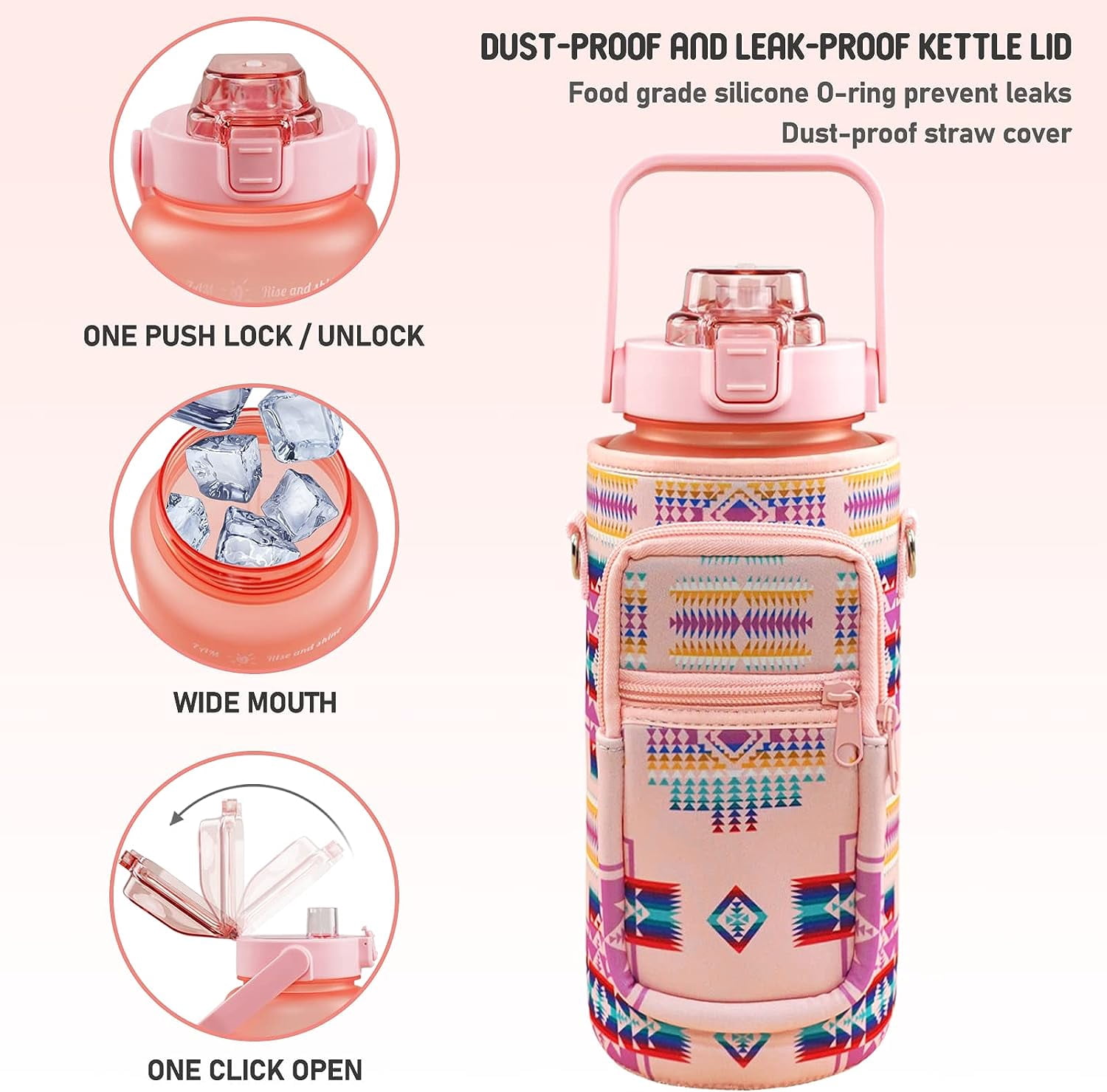 64 oz Bohemia Water Bottle with Sleeve BPA Free Half Gallon Water Jug with Straw and Time Marker, Motivational Gym Workout Pregnancy Water Bottles Gifts for Women