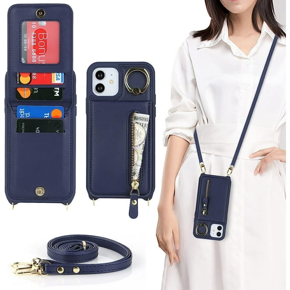 iPhone 12/12 Pro Case for Women with Card Holder, iPhone 12/12 Pro Phone Case Wallet with Strap,Crossbody Lanyard Cases with Credit Card Slots Kickstand and Stand Ring Holder,6.1 Inch,Blue