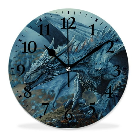 12 Inch Wall Clock Battery Operated Silent Clock Decorative for Office, Kitchen, Outdoor, Living Room,Abstract Blue Fire Flame Dragon on Black Background Delicate
