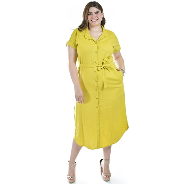 Vestido camisero de lino Roman Fashion /Tallas Extras, 2107 (Mostaza) ocre 36