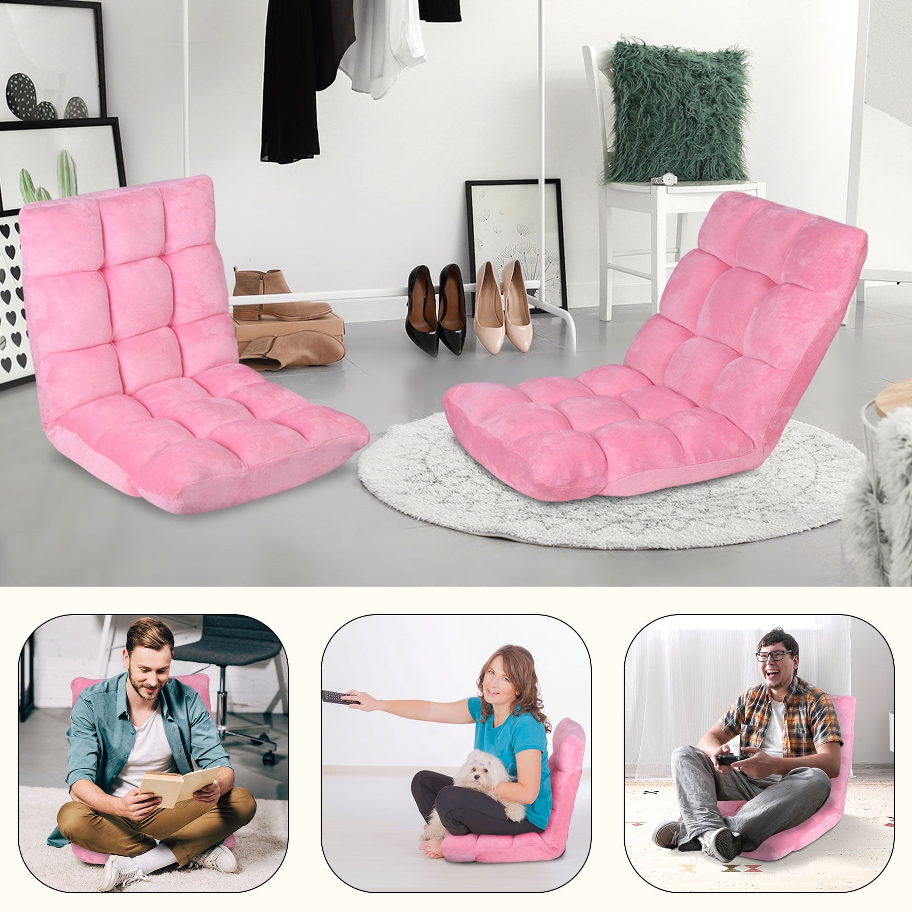 HomGarden 14-Position Adjustable Floor Chair Padded Folding Gaming Sofa Chair Pink