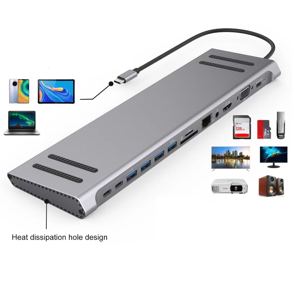 Gieenan Laptop USB C Docking Station 14Port Type C Hubs With HDMIs VGA And Card Slots
