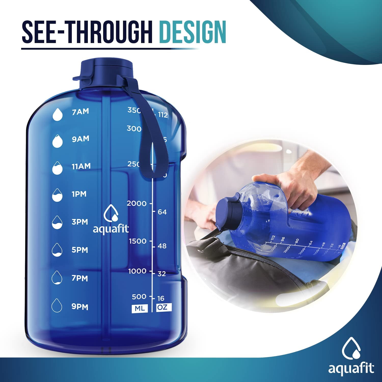 AQUAFIT - Water Bottle with Straw - Motivational Big Water Bottle with Time Marker - 1 Gallon, Dark Blue