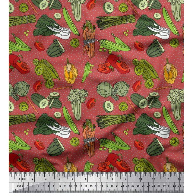 Soimoi polyester Crepe Fabric Dot & Mix Vegetable Print Fabric by Yard 42 Inch Wide